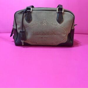 Prada Beige/Brown Bauletto Boston Shoulder Bag Jacquard Logo Canvas.